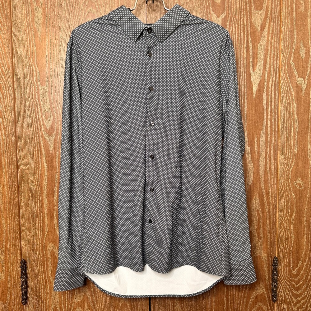 Savannah Mens Medium Grey Geometric Print Long Sleeve Button Down Shirt Stretch